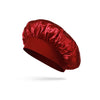 A deep red satin sleep bonnet for a toddler, shown from the side.