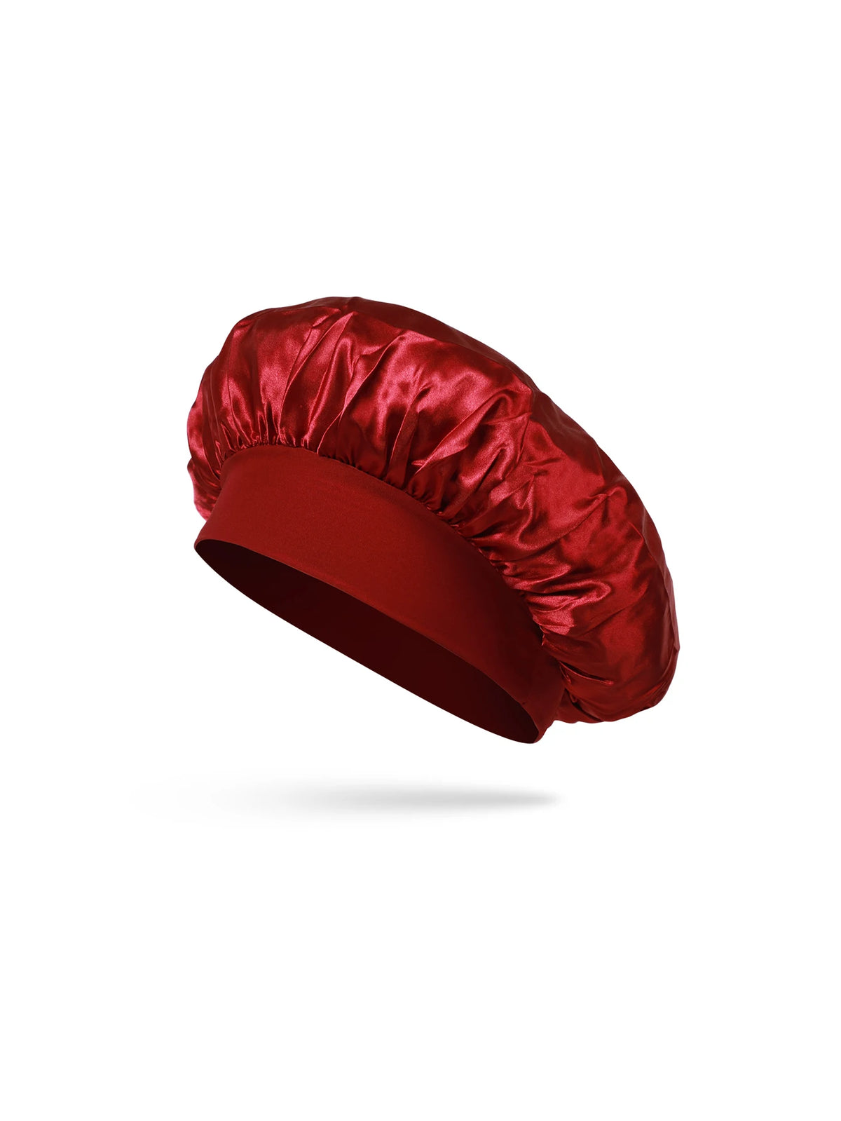 A deep red satin sleep bonnet for a toddler, shown from the side.