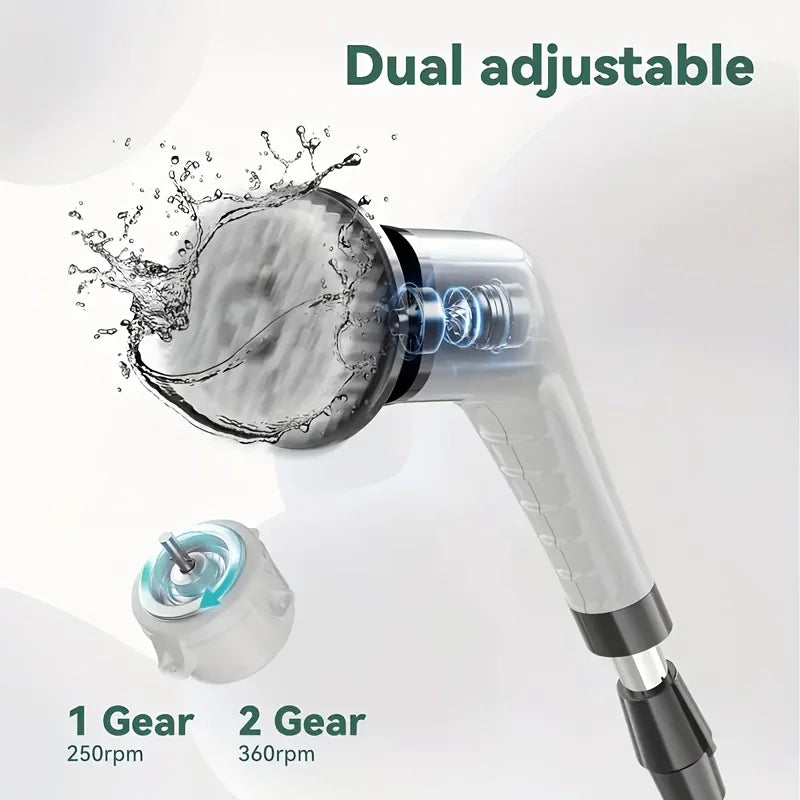 A dual adjustable electric spin scrubber tool with a brush head and interchangeable gears shown in action.