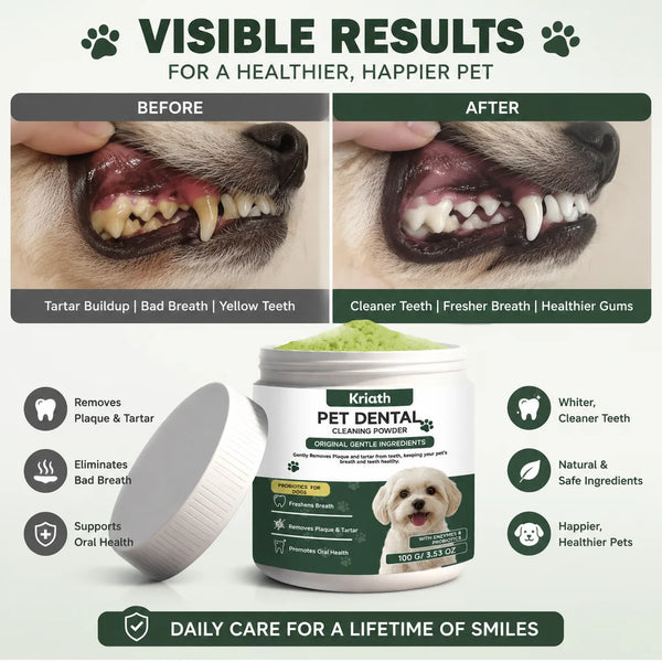 Jar of Kriath Pet Dental Cleaning Powder for pet oral health with before and after results shown