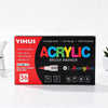 A box of Yihui Acrylic Brush Markers featuring 36 colors and various features like ink system and drying time.