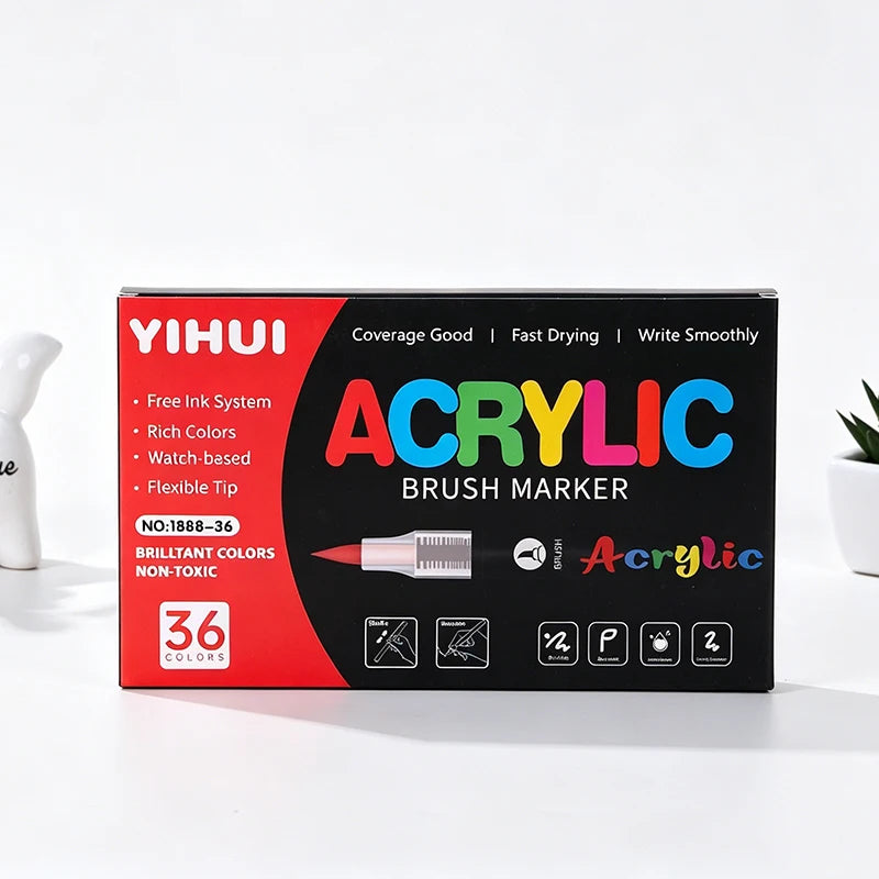 A box of Yihui Acrylic Brush Markers featuring 36 colors and various features like ink system and drying time.