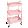 A pink 3-tier metal rolling storage cart with wire baskets and lockable wheels.