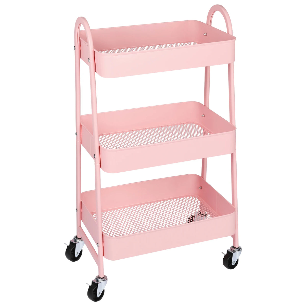 A pink 3-tier metal rolling storage cart with wire baskets and lockable wheels.