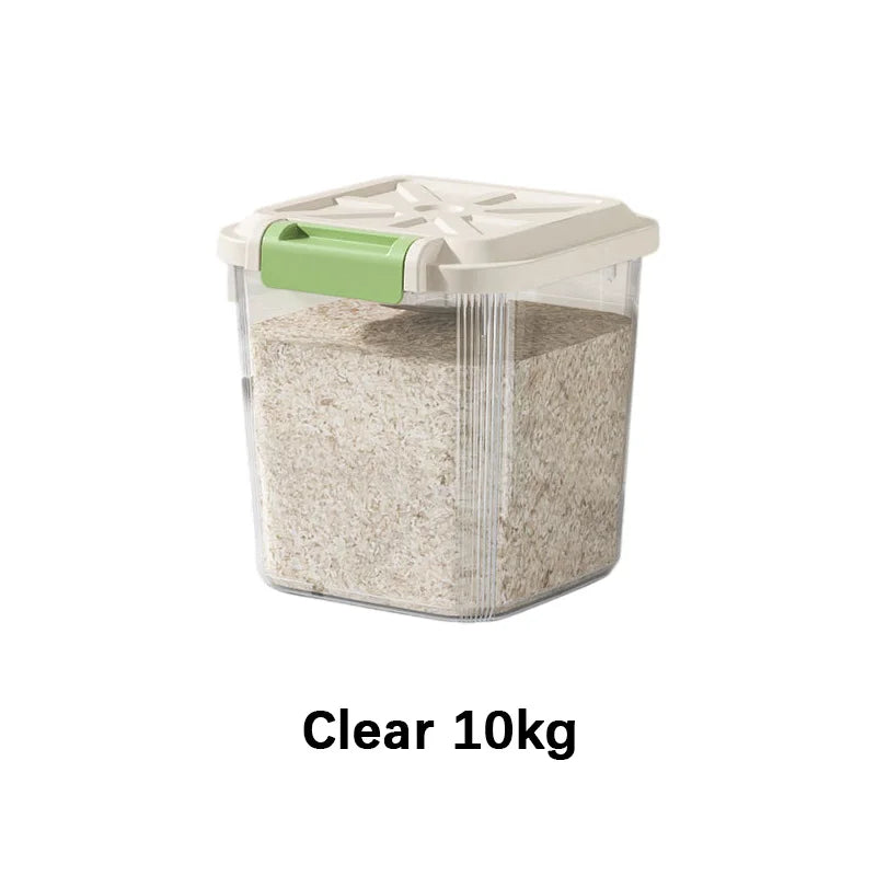 Clear 10kg transparent airtight rice dispenser with a light green lid.