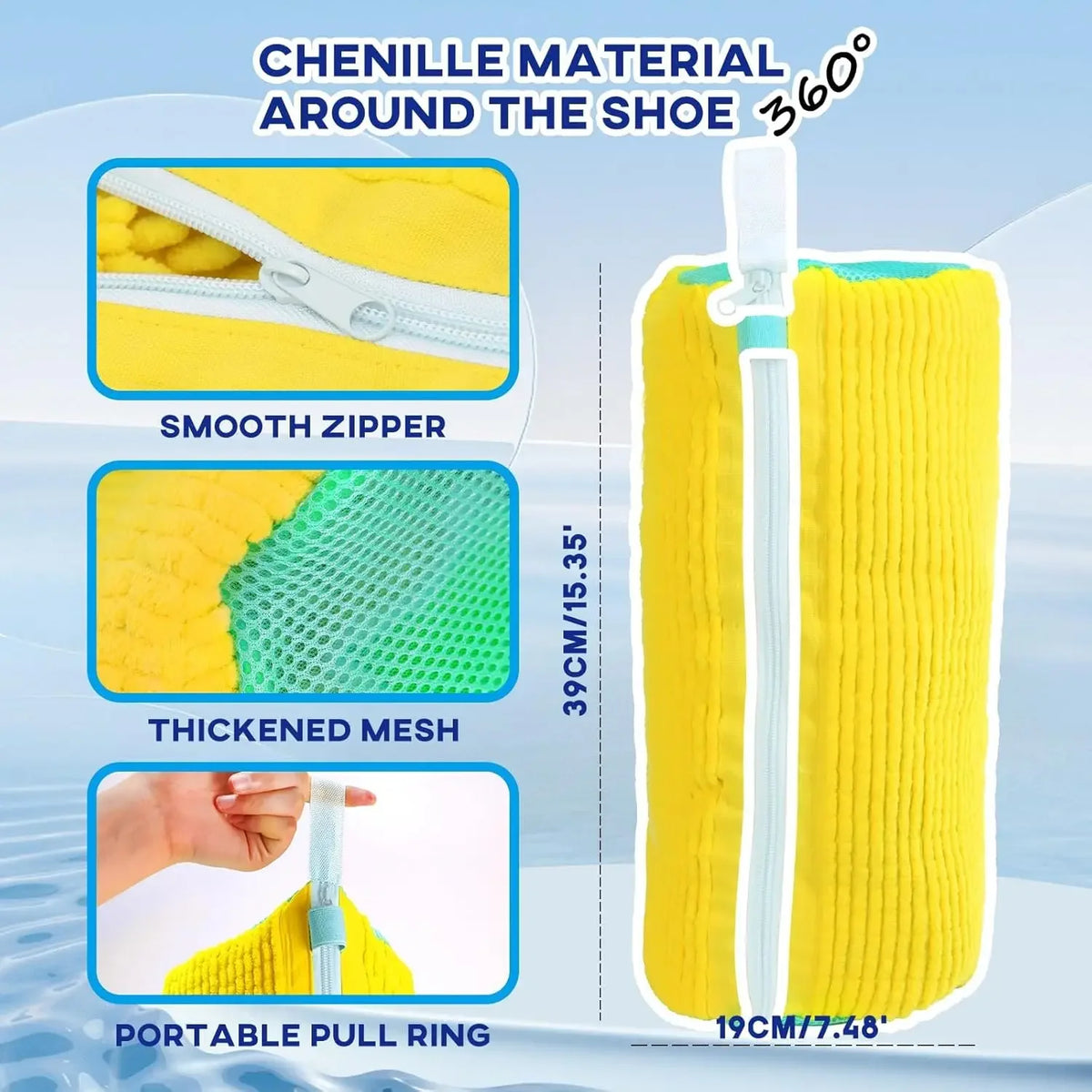 Yellow laundry bag with a smooth zipper, thickened mesh, and a portable pull ring for shoes.