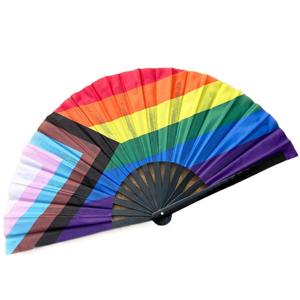 A handheld cooling fan with a gradient rainbow color design.