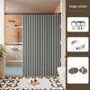 A single curtain featuring a waffle texture is installed in a shower, shown with mounting hardware and a floor mat.