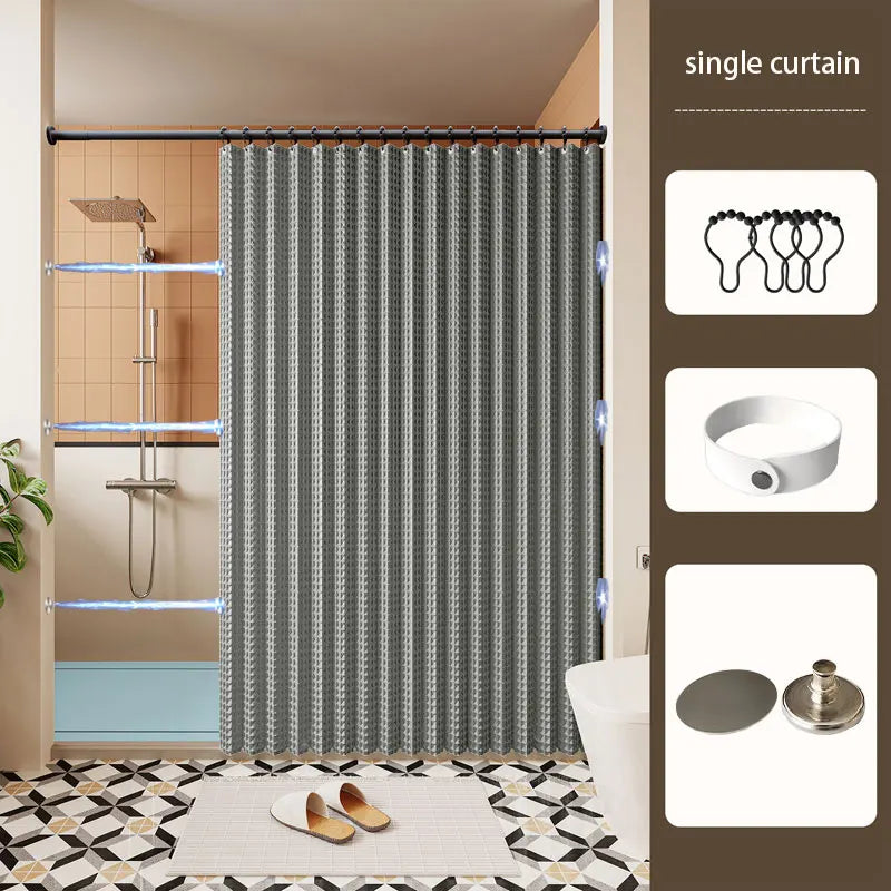 A single curtain featuring a waffle texture is installed in a shower, shown with mounting hardware and a floor mat.
