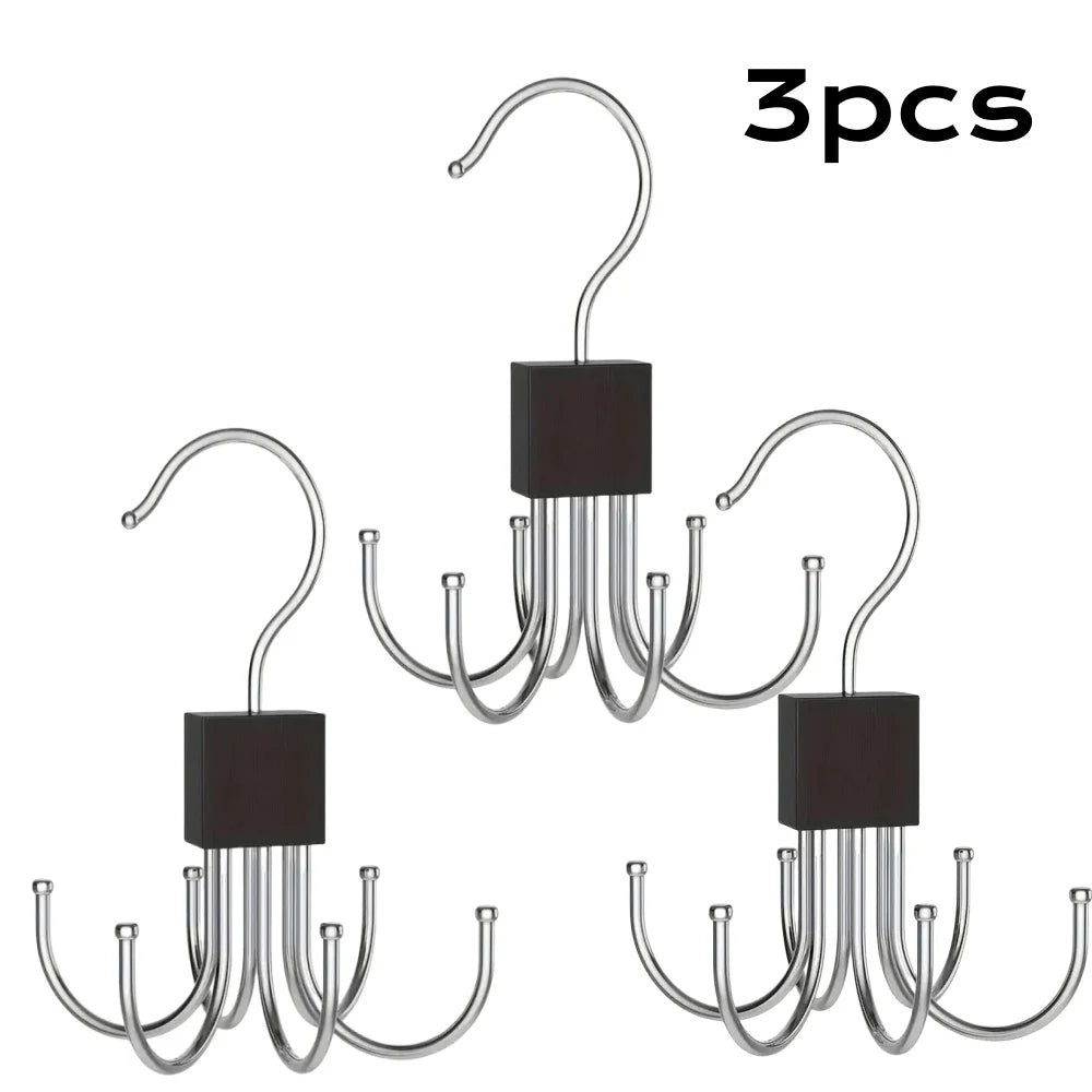 Three silver rotating storage hanger hooks with black plastic components