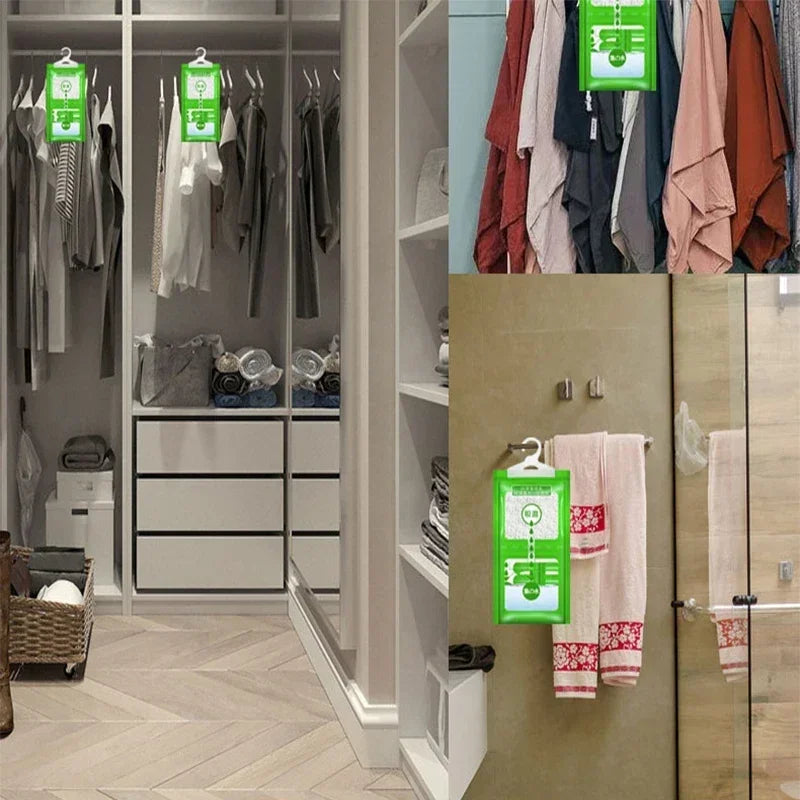 A closet interior showing hanging clothes and storage shelves with green hanging bags.