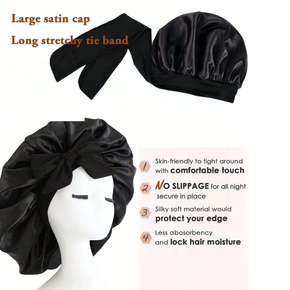 Schwarzer Satin-Haube mit Schleifband neben einer Mannequin-Kopf