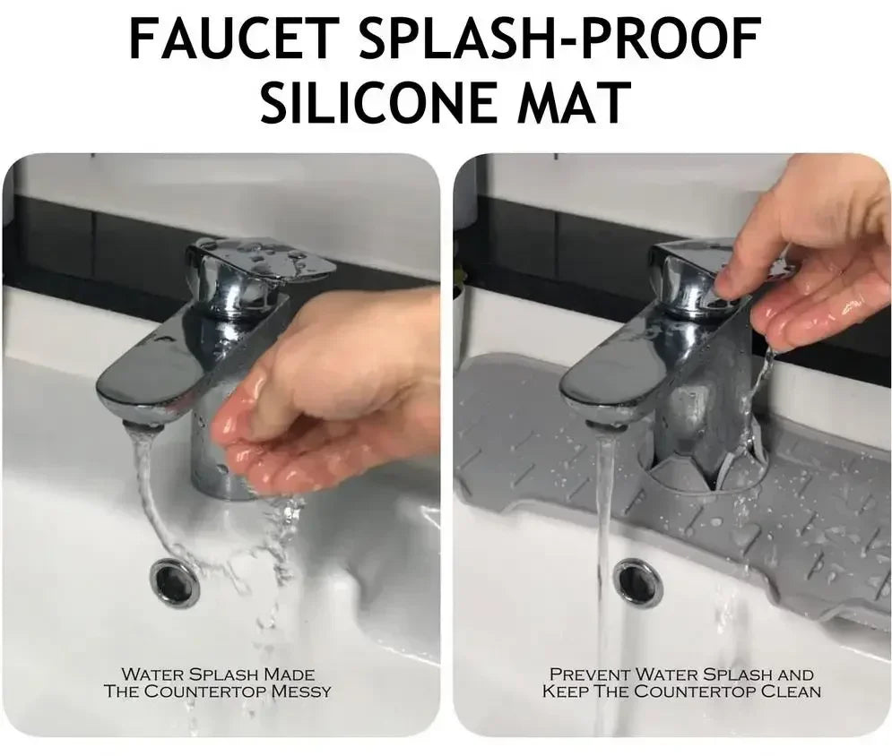 A close-up of a faucet splash-proof silicone mat preventing water from splashing onto a countertop.