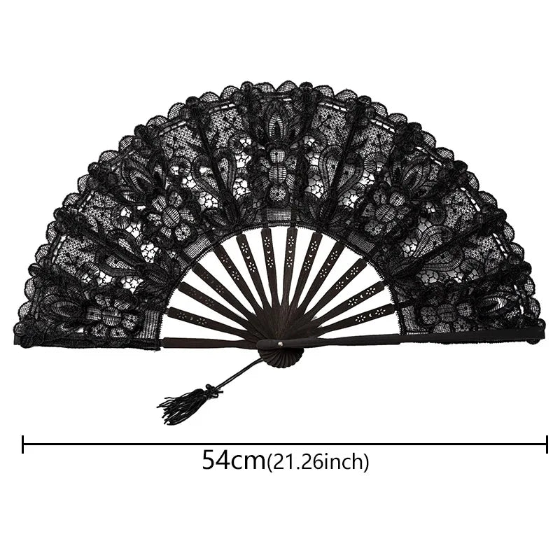 Black elegant lace folding handheld fan with a wide, semi-circular fan design.