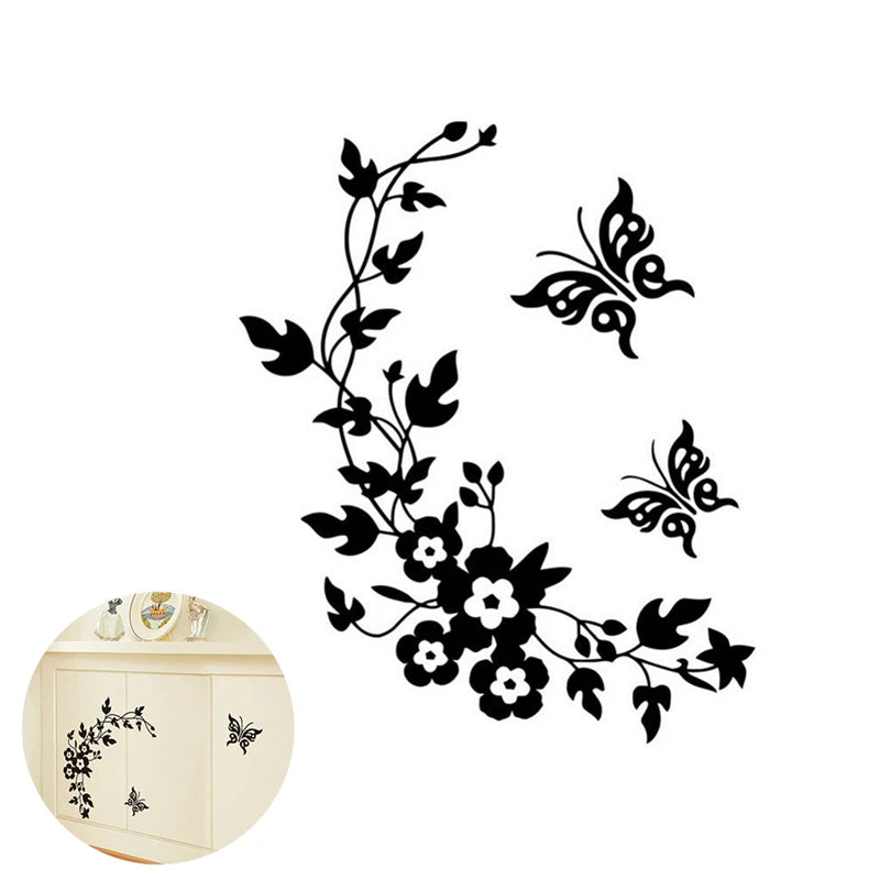 Black silhouette botanical leaf wall sticker featuring climbing vines and butterflies for home decor