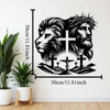 Black silhouette art featuring a lion and a bearded man with a cross design.