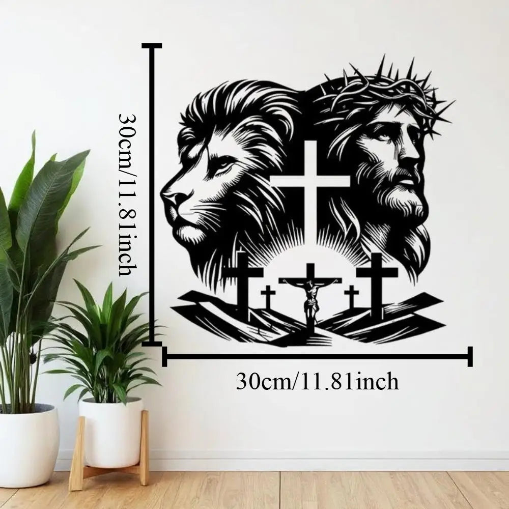 Black silhouette art featuring a lion and a bearded man with a cross design.