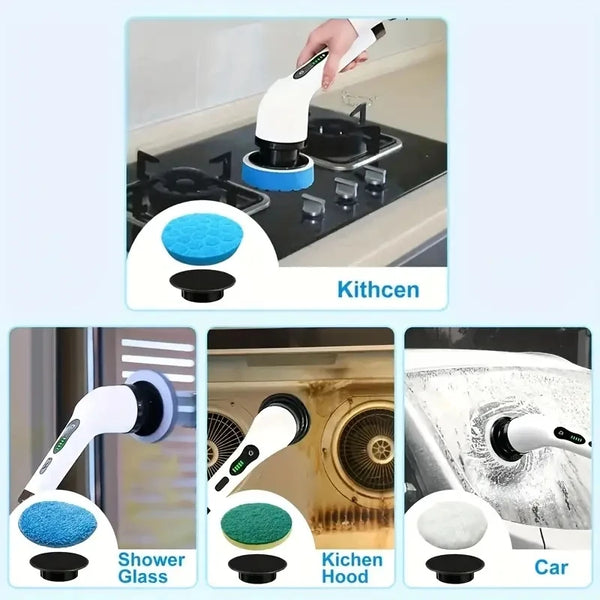 Replacement brush heads for rotary scrubbers shown in context for Kitchen, Shower Glass, Kitchen Hood, and Car cleaning.