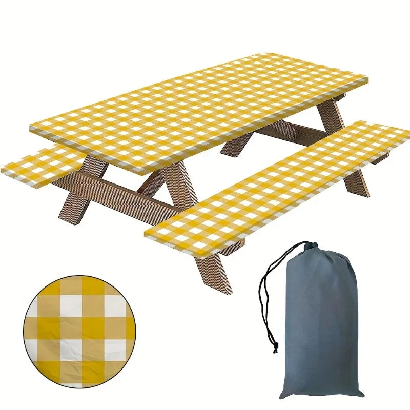 Yellow and white plaid tablecloth set with wooden legs for outdoor use