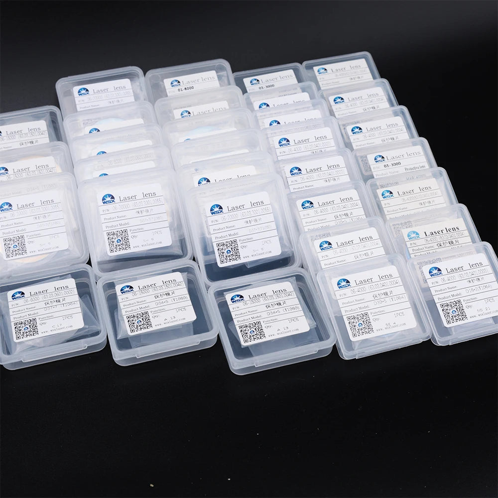 Collection de lentilles en plastique transparent, emballées dans de petites boîtes, pour applications de découpe laser haute 