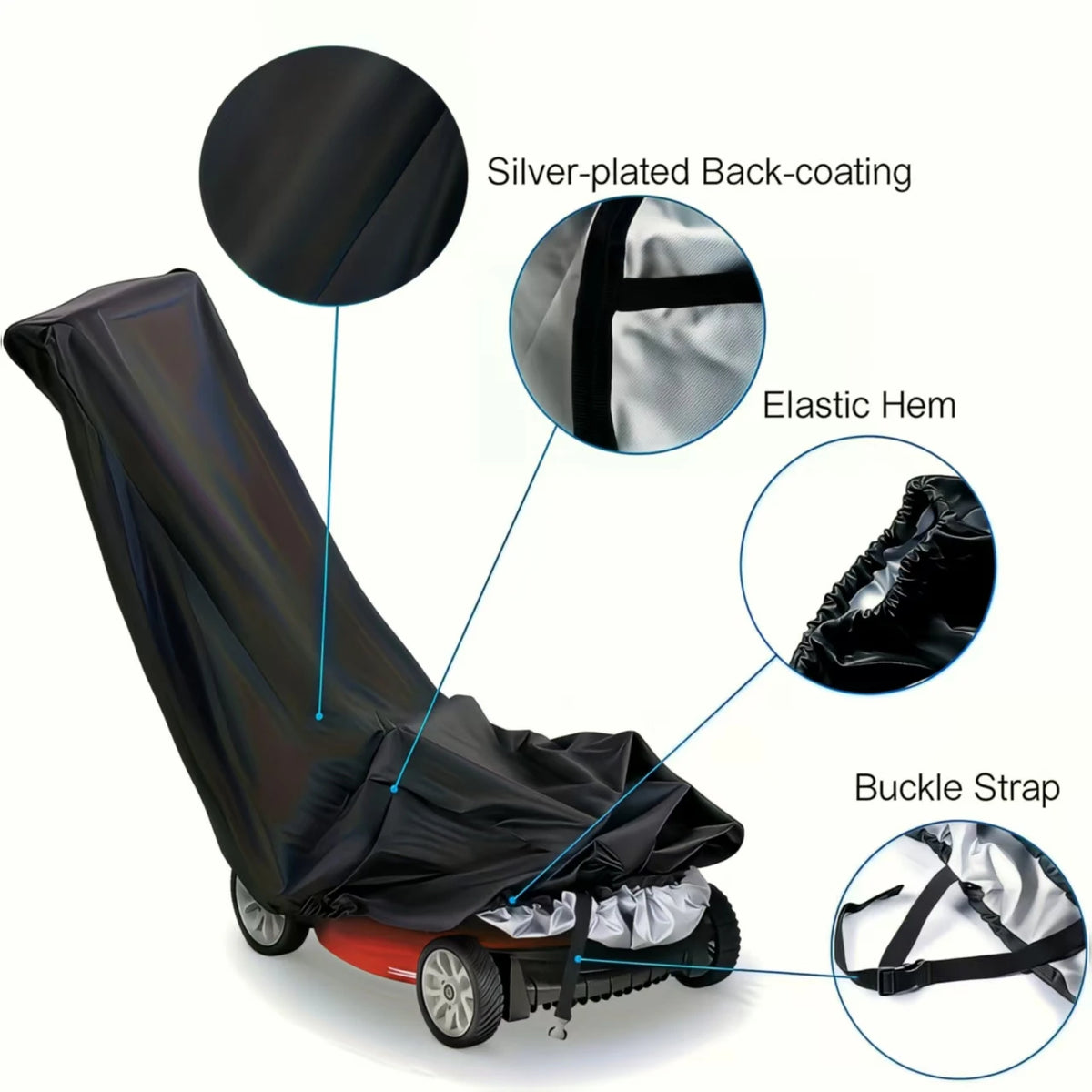 A black heavy-duty protective cover for a lawn mower, showing features like a silver-plated back-coating and elastic hem.