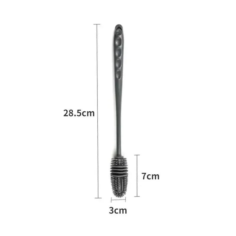 A silicone bottle brush with a long handle and bristles, shown in a vertical orientation.