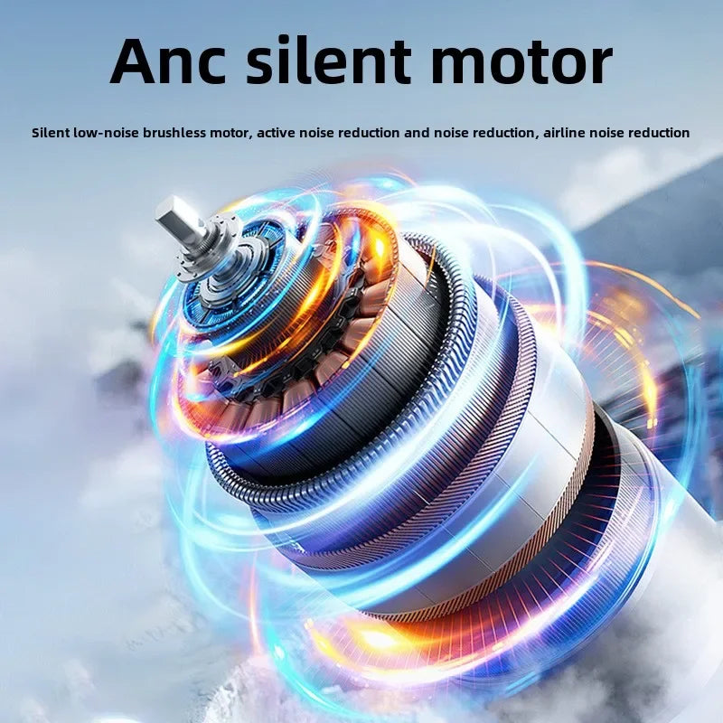 A close-up of an Anc silent motor with blue and orange light effects, showing its internal components.