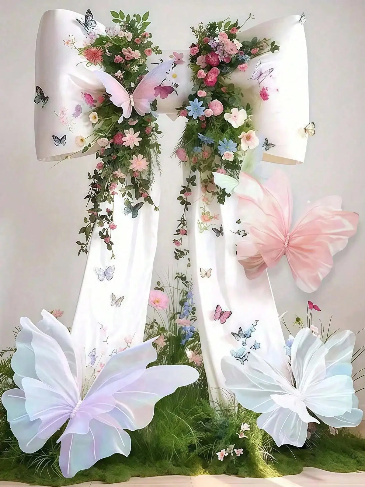 White ribbon decoration featuring pink and purple butterflies and floral greenery