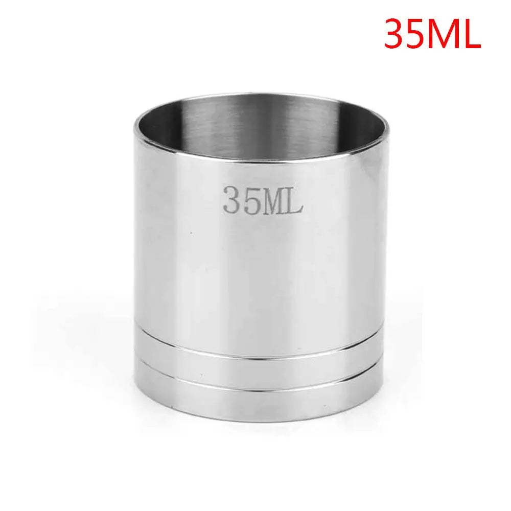 A cylindrical stainless steel bar measure with 35ML markings.