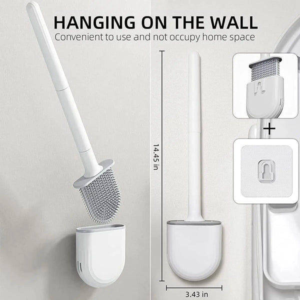 A white silicone toilet brush is hanging on a wall, demonstrating its convenient use and space-saving design.