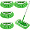 Four reusable ultra-fine fiber mop pads in bright green with white trim and a long handle.