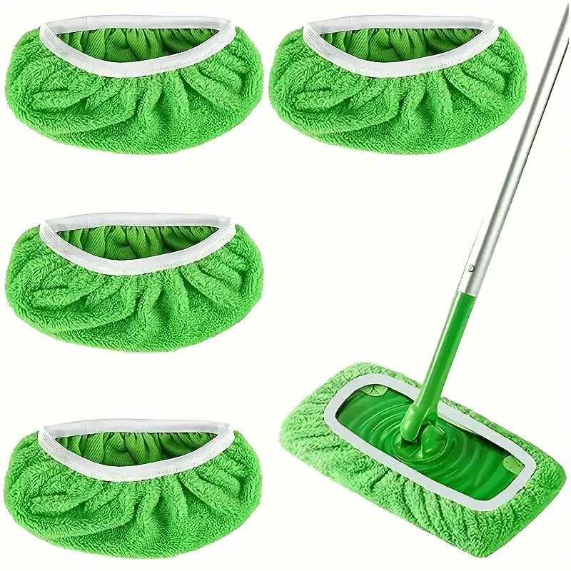 Four reusable ultra-fine fiber mop pads in bright green with white trim and a long handle.