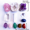 A set of natural crystals including pink, white, purple, and blue stones for meditation and decor.