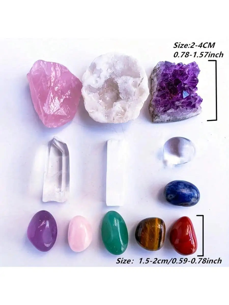 A set of natural crystals including pink, white, purple, and blue stones for meditation and decor.