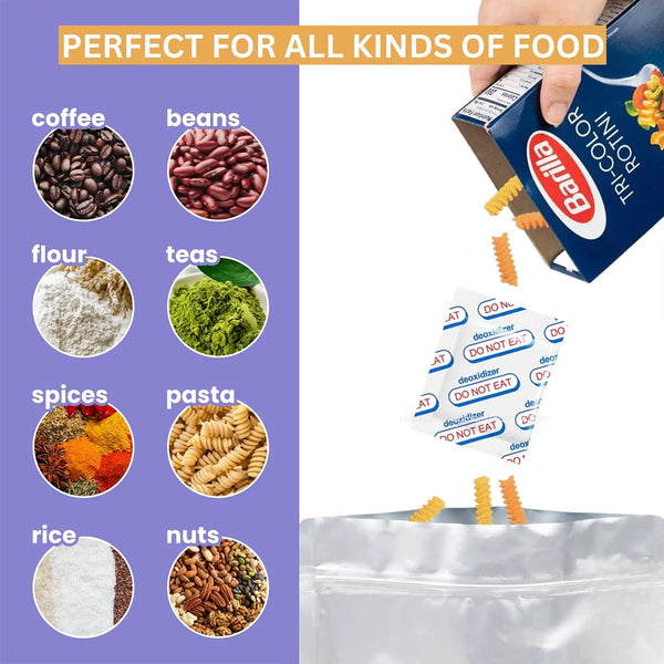 A hand is pouring food-grade oxygen absorbers into a plastic bag, with various foods listed for storage.