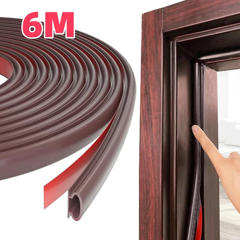 Roll of dark brown D-shape weather stripping for doors and windows shown next to a wooden door frame.