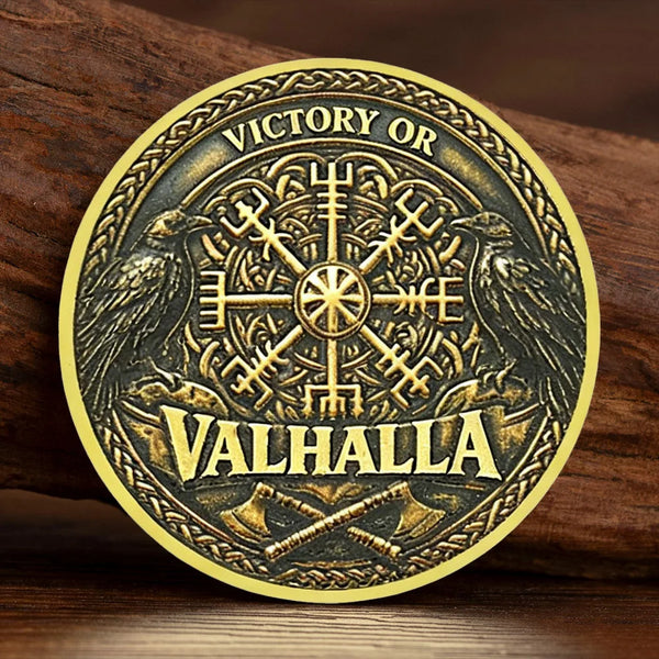 Gold plated Viking souvenir coin featuring a wreath design and the text Victory or Valhalla surrounded by eagles.