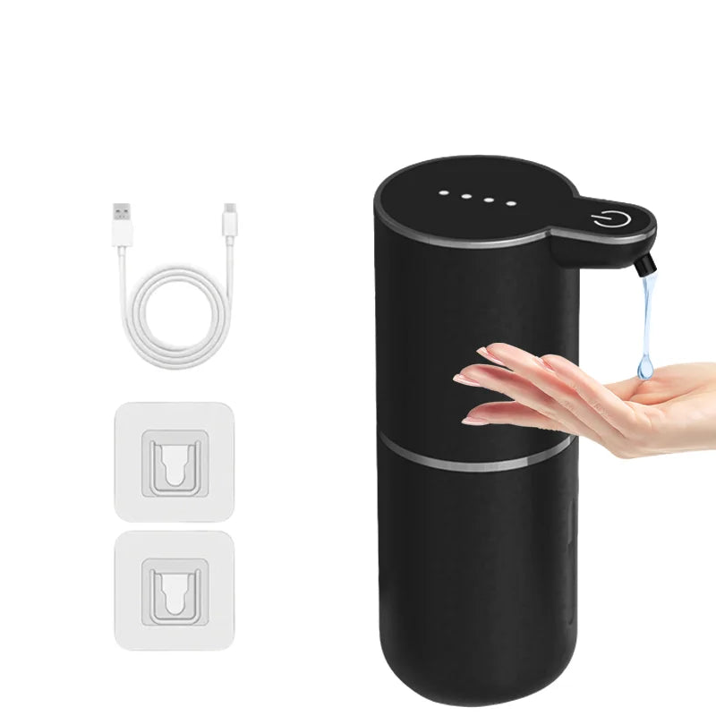 Dispensador de jabón automático recargable negro con bomba y boquilla transparente.