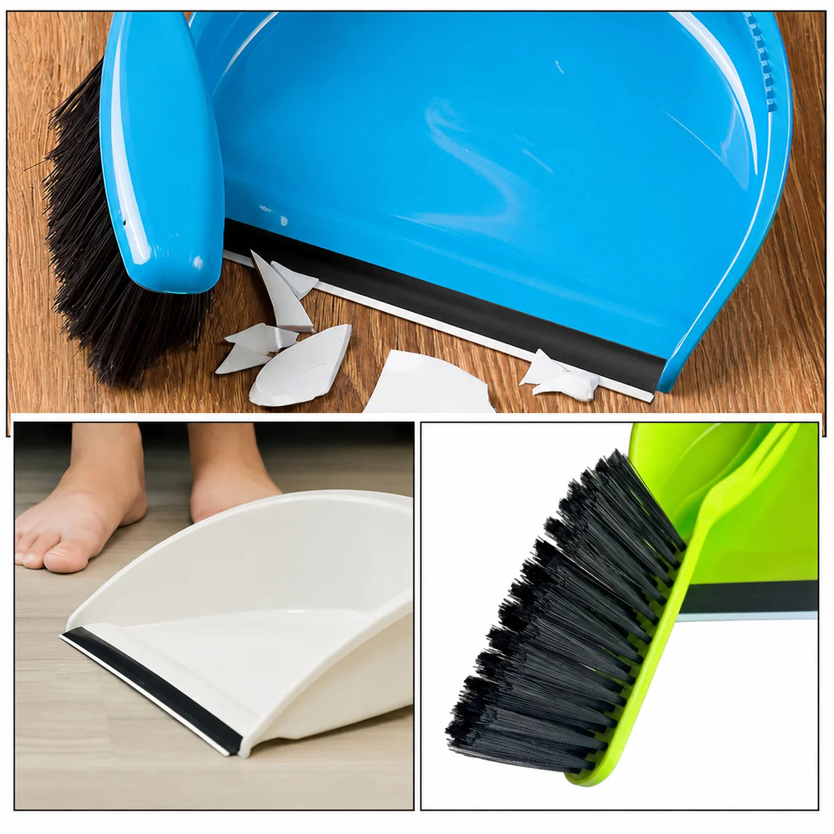 A blue mini handheld dustpan and brush set is shown with detached parts on a wooden surface.