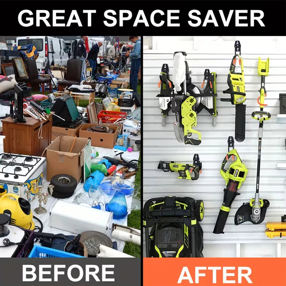 Comparación antes y después de un set de ganchos para pared de metal resistentes para ahorrar espacio
