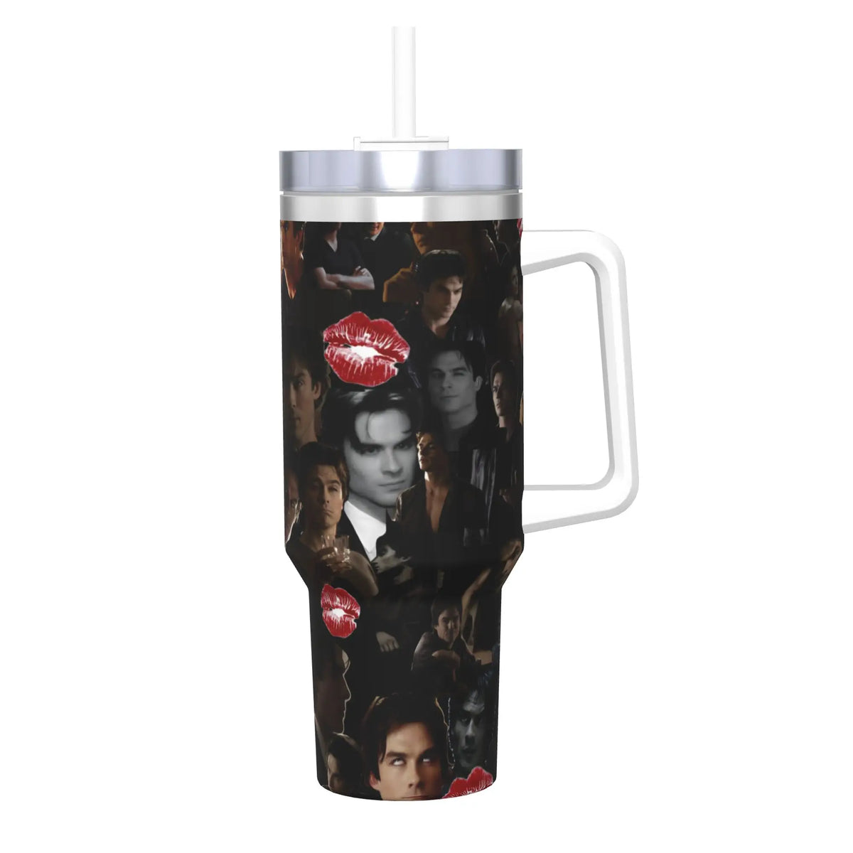A black tumbler featuring a collage of faces, including a prominent red lipstick print.