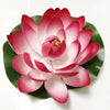 A vibrant pink artificial lotus flower with green leaves, used for pond and garden decor.