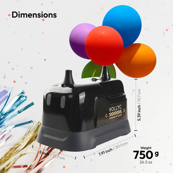 A black electric balloon inflator pump is shown with various colored balloons floating above it.