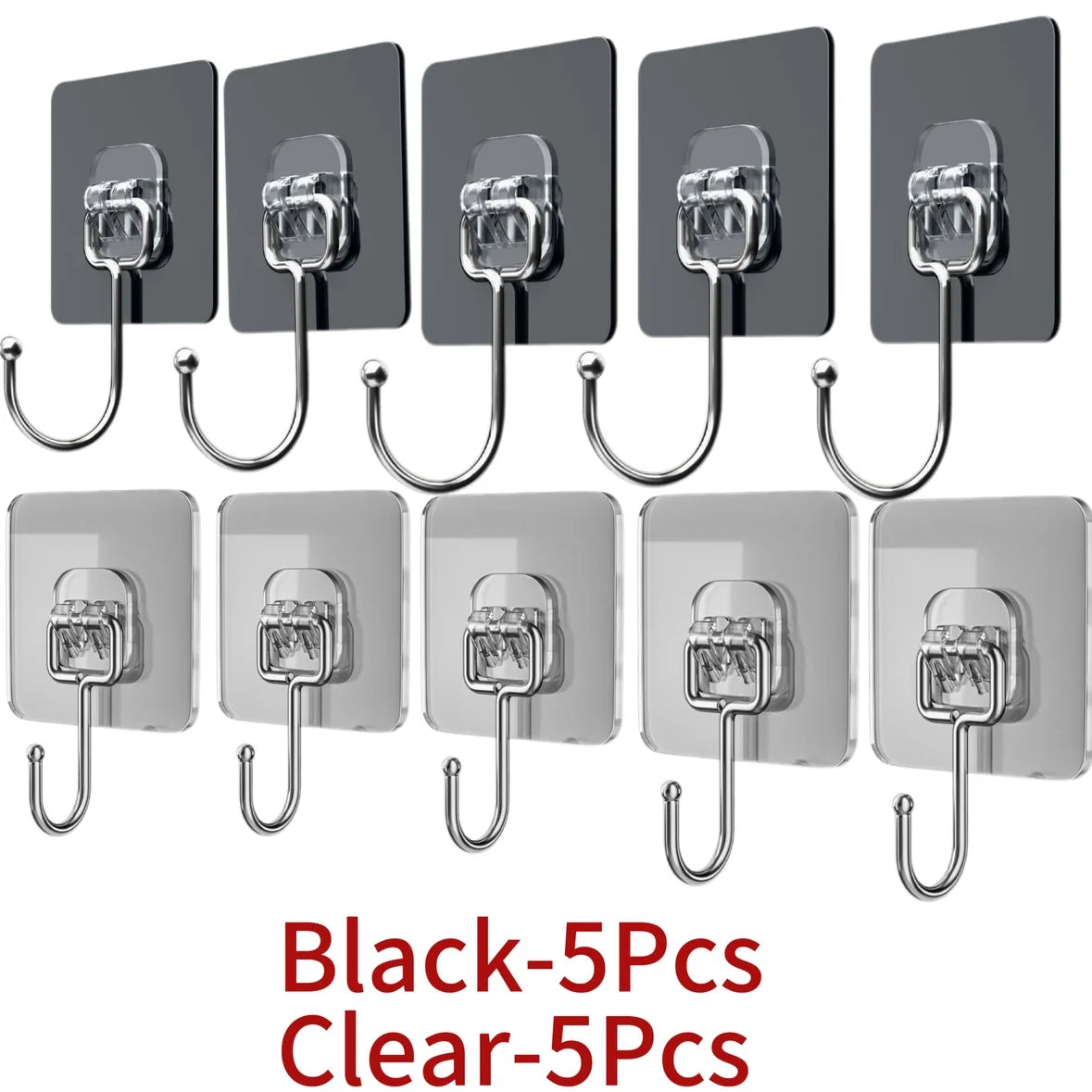 Black and clear self-adhesive rotating wall hooks in 5 pieces for storage.