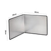 A foldable stainless steel oil splash guard for the stovetop, shown in a closed and open view.