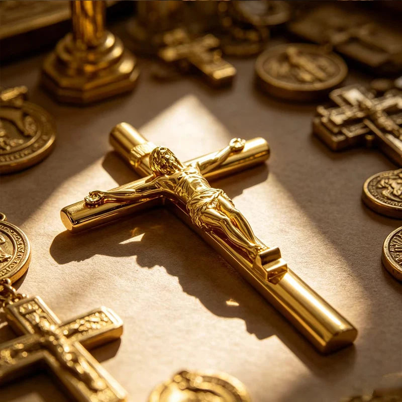Primer plano de una pluma cruz de metal dorado sobre una superficie rodeada de otros artículos decorativos religiosos.