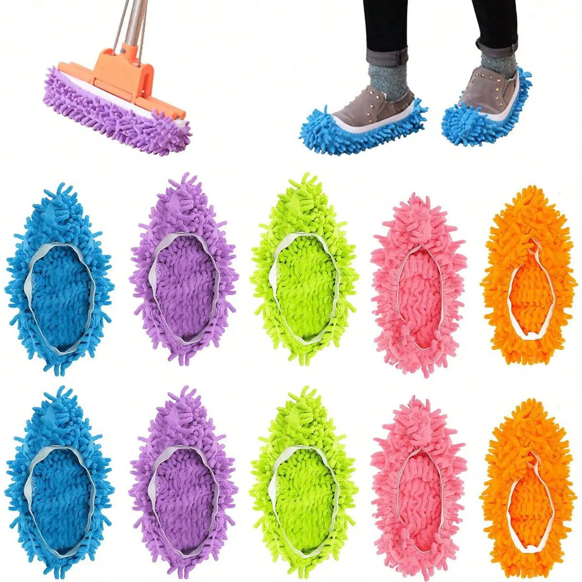 Fünf Paar bunte Mikrofasermilch-Wischschuhe in Blau, Lila, Limettengrün, Pink und Orange.