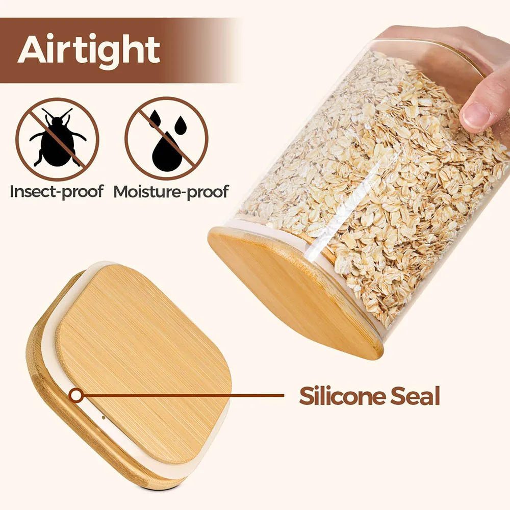 A glass storage canister with a silicone seal and bamboo lid, demonstrating airtight protection against insects and moisture.