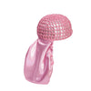 A pink mesh wig cap with a satin pink fabric base for hair and turban wear.