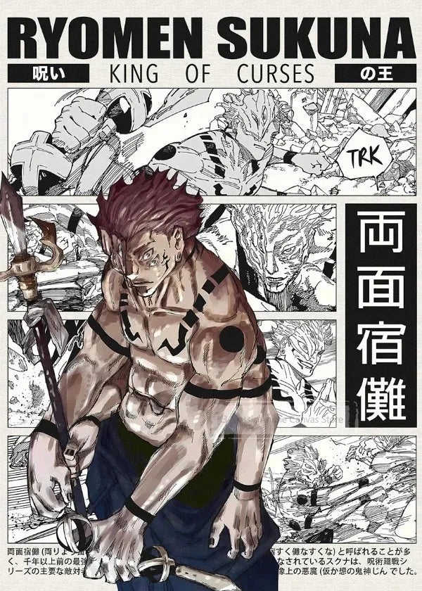 A manga style poster featuring the title Ryomen Sukuna King of Curses and related artwork.